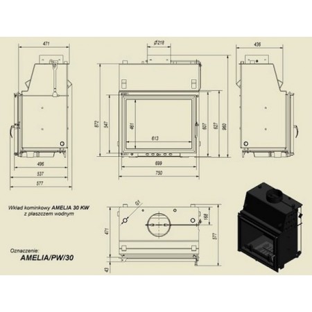 Каминная топка Kratki AMELIA PW 30 W С ВОДЯНЫМ КОНТУРОМ